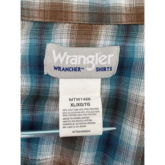 Wrangler XL Blue Brown Plaid Western Long Sleeve Pearl Snap Button Shirt - Picture 5 of 6
